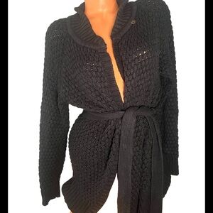 EDDIE BAUER Women’s Sweatercoat XL Black Sweater Cotton Angola Belted